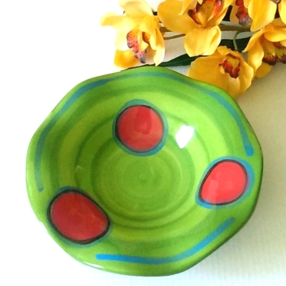 GAIL PITTMAN VINTAGE Signed Handmade Ceramic Pottery RETRO Red Dot Fluted Bowl - Picture 2 of 6